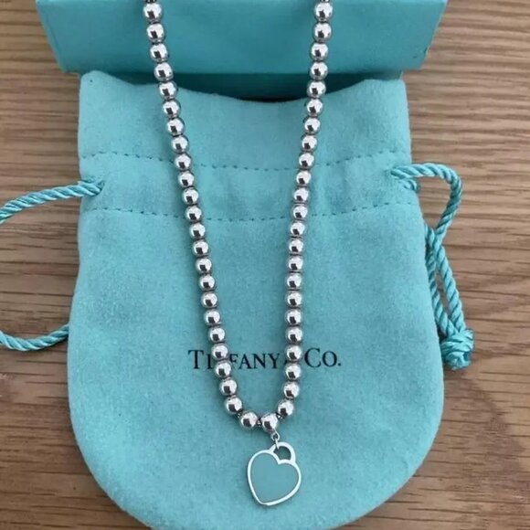 Like New, Tiffany & Co. Sterling Silver and Blue Enamel Heart Beaded Necklace - Picture 1 of 3